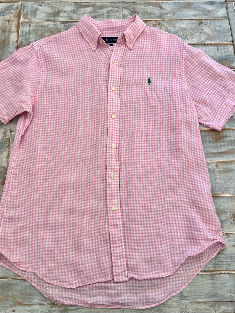 Ralph Lauren Men’s Pink Gingham Linen Shirt Size L Custom Fit Short Sleeve